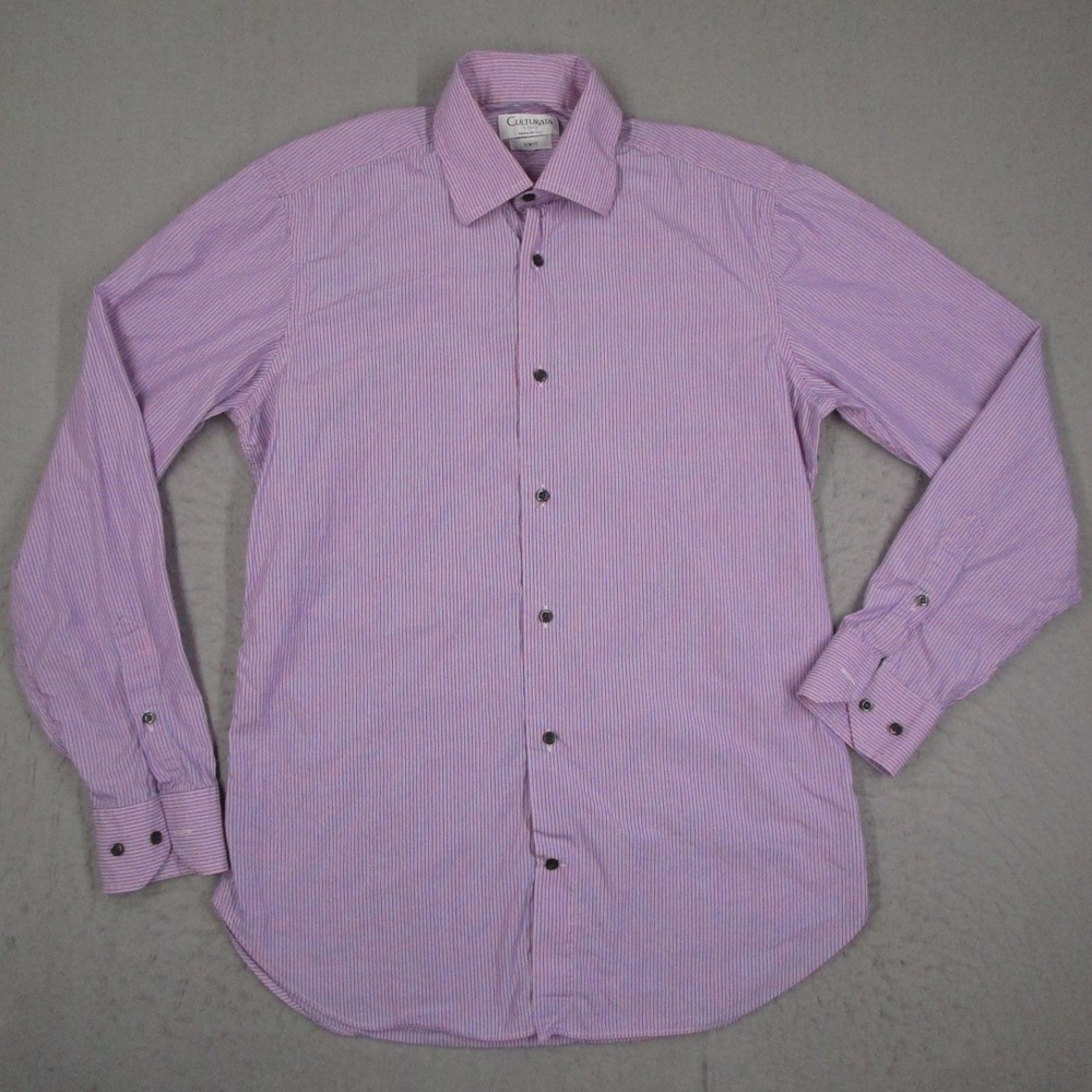 Culturata Roma Mens Slim Fit Dress Shirt Pink Blue Striped Made in Italy Size M